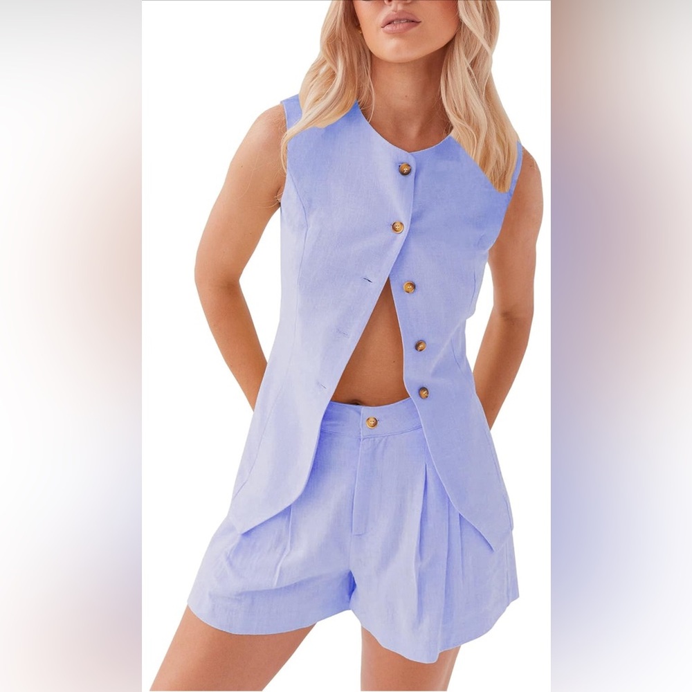 Light Blue Linen Button Down Long Line Vest and Shorts Set in Medium